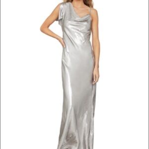 BCBGMAXAZRIA Silver Metallic Satin One Sleeve Gown